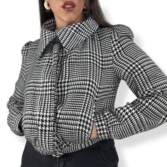 90's black white houndstooth wool blend cropped high neck light jacket - Picture 1 of 16